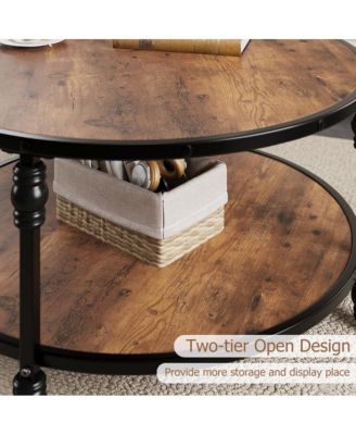 Round Coffee Table, 31" Coffee Table with Open Storage Shelf, 2-Tier Industrial Circle Wood Center Table for Living Room
