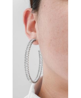 Rhodium Rectangle Cubic Zirconia Statement Hoop Earrings