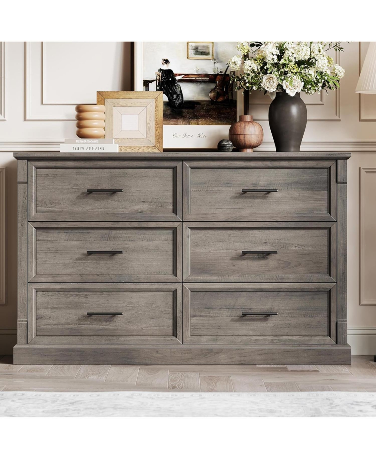 Gaomon 47" Farmhouse 6 Drawer Dresser, Rustic Wood Chest Organizer for Bedroom Living Room Hallway Entryway