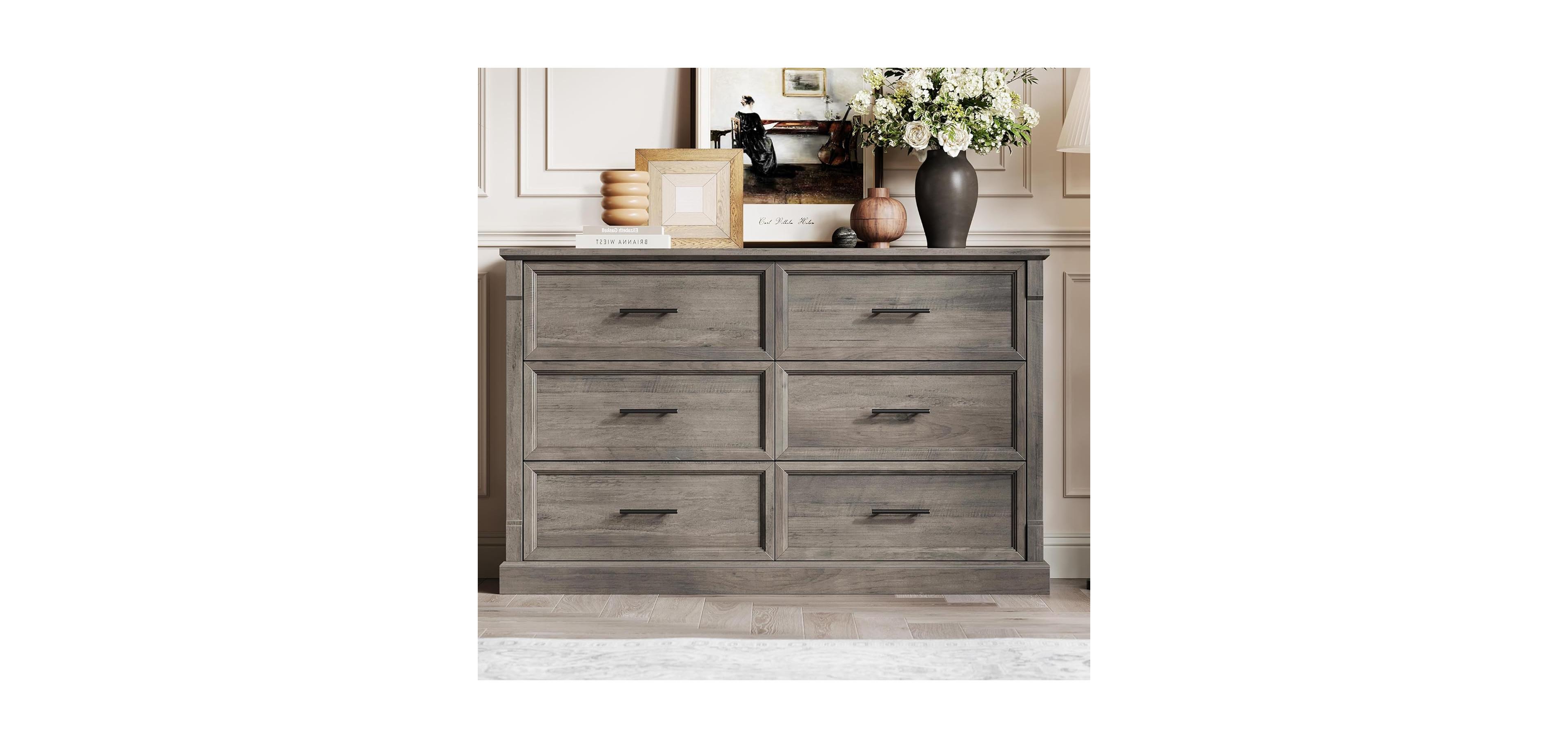 Gaomon 47" Farmhouse 6 Drawer Dresser, Rustic Wood Chest Organizer for Bedroom Living Room Hallway Entryway