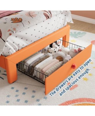 Twin Bed Frame with LED Lights, Velvet Crystal Headboard, Upholstered Platform, Drawer, Orange