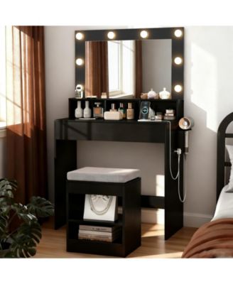 31.5" Vanity Desk with Lighted Mirror, 3 Lighting Modes, and Storage Shelves