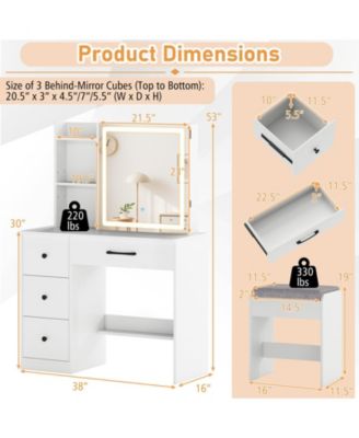 Vanity Desk and Chair Set with Sliding Lighted Mirror and 4 Drawers, Makeup Table