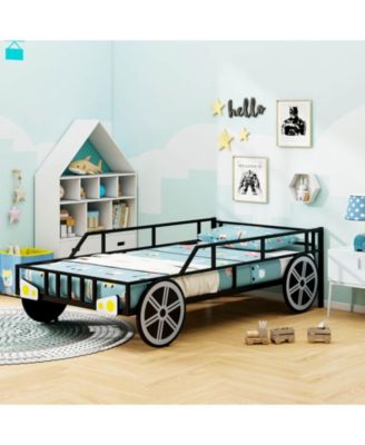 Kids Twin Size Car Bed Frame with Safety Rails and Metal Frame - 42