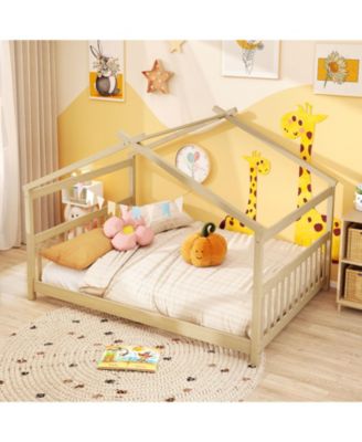 Montessori Full Size Floor Bed with House Frame and Headboard