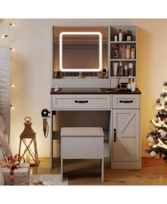 Farmhouse Vanity Desk with Lighted Mirror, Makeup Dressing Table