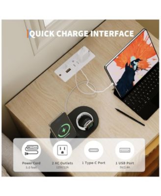 Set of 2 Natural Fluted Nightstands, 2-Drawer Bedside Table with Built-in Charging Station & Open Storage