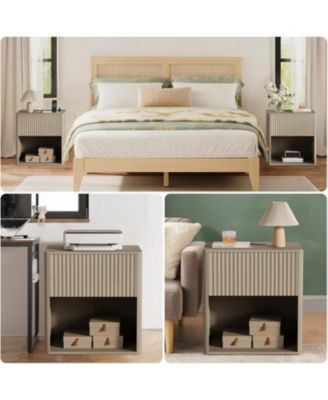 Set of 2 Grey Oak Fluted Nightstands with LED & Charging