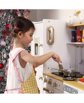 Pretend Play Kitchen Wooden Toy Set for Kids w/Lights & Sounds, Utensils, Oven, Microwave