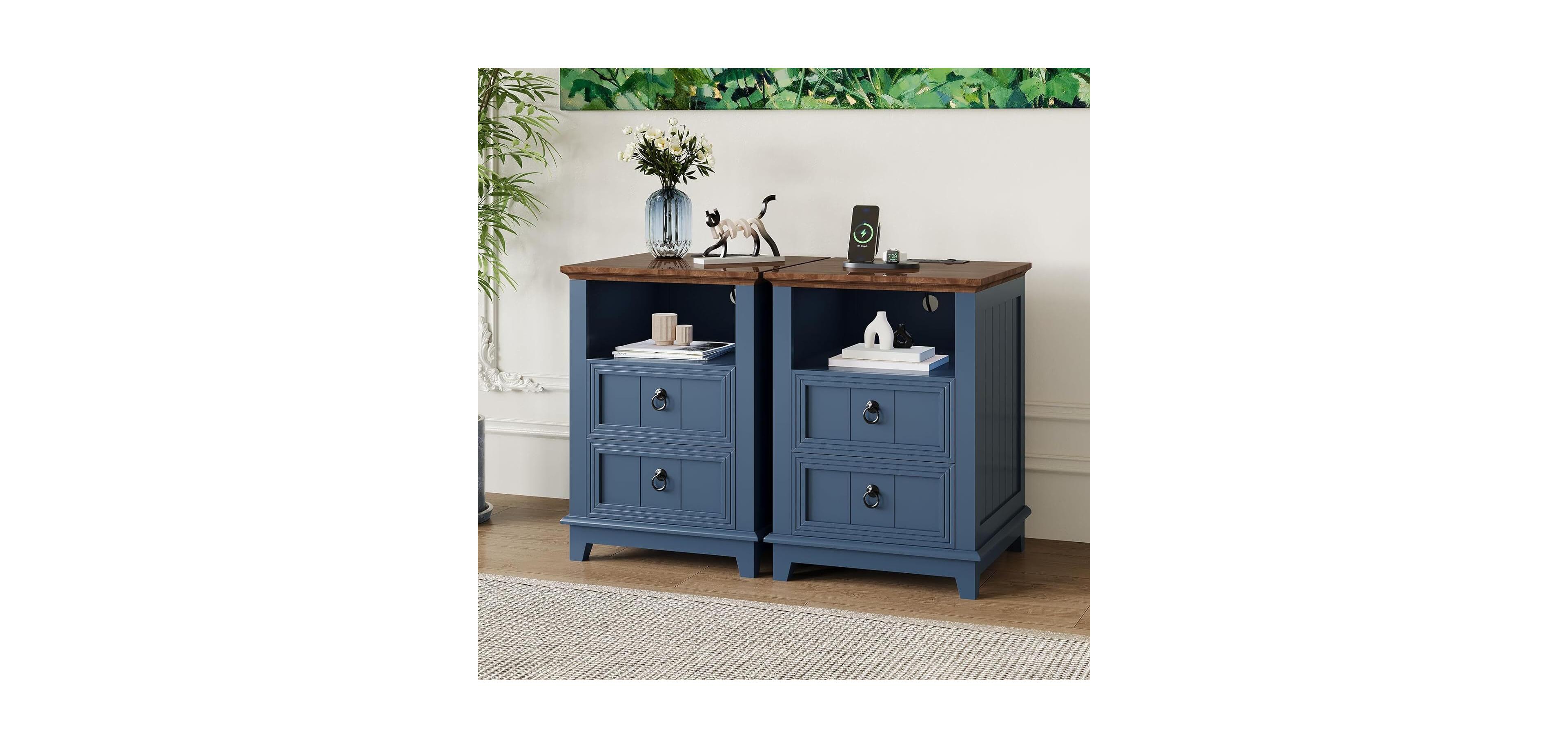 gaomon Set of 2 18 Inch Blue Fluted Wood Nightstands, Bedside End Table with Usb Charging Station