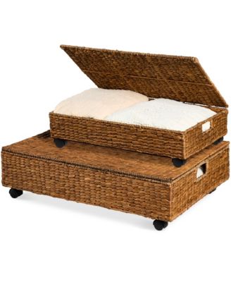 2PC Water Hyacinth Nesting Underbed Storage Baskets with Wheels