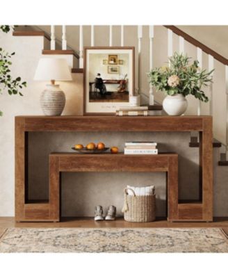 63-Inch Long Console Table with 2-Tier Shelf,Wood Farmhouse Sofa Table Behind The Couch,Narrow Sofa Table, Rustic Brown
