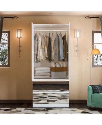 Wardrobe Closet with All Mirror, Armoire with 2 Doors, 2 Drawers & Hanging Rod, For Bedroom