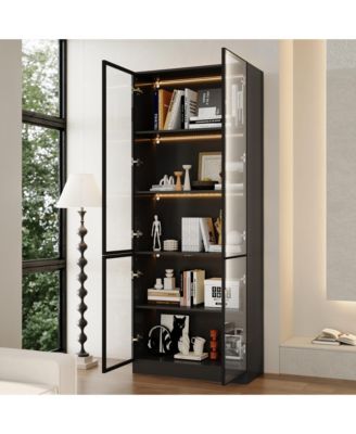 Display Cabinet with 4 Glass Doors and Lights, 5-Tier Storage Shelves, Bookcases & Shelves