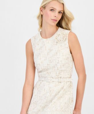 Women's Tweed Rosette Belted Midi Dress