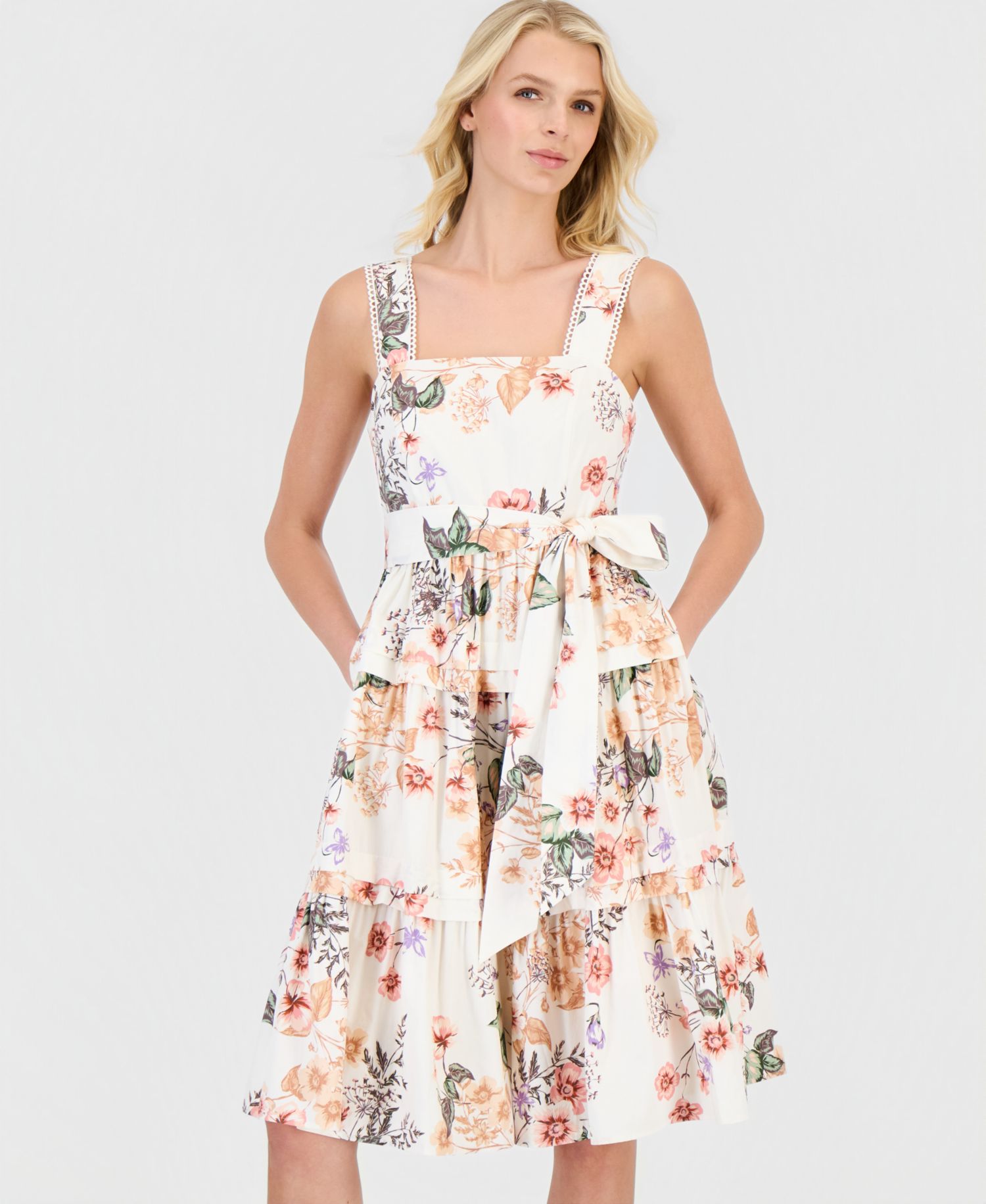 Petite Square Neck Printed Midi Dress