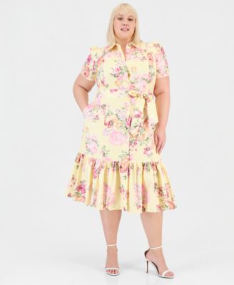 Plus Size Printed Belted Tiered Cotton Poplin Midi Dress