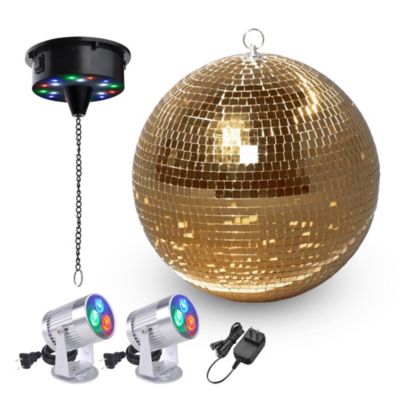 12" Large Disco Ball with Motor and Light 6RPM Rotator & 2PCS 3W RGB Spotlights for 70s 80s Party DJ Bands Club Event Champagne Gold