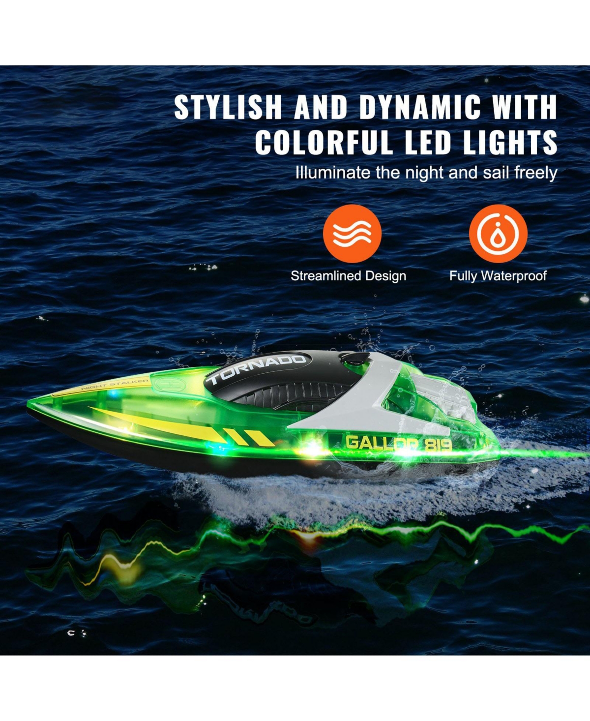 Sugift 2.4GHz Rc Racing Boat with Led Navigation Lights & Waterproof Design, Green