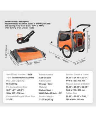 Dog Bike Trailer 2-in-1 Pet Stroller Carrier 66 LB Capacity Orange Gray