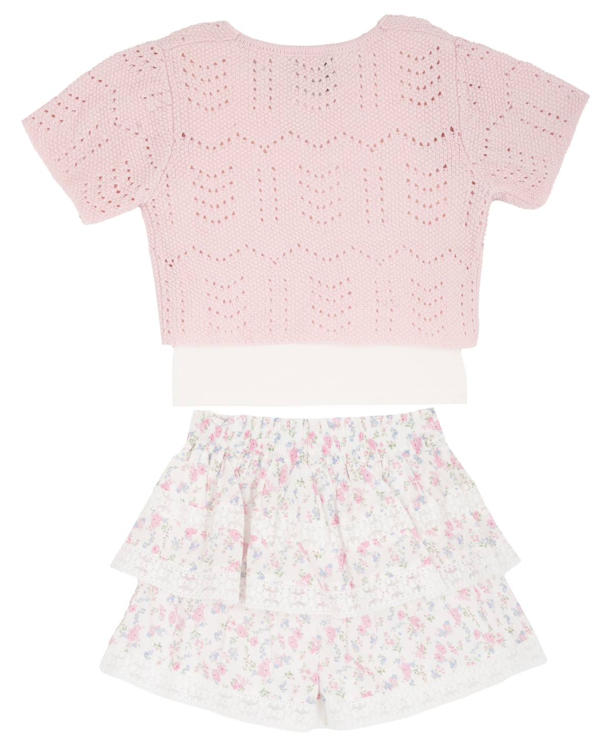 Rare Editions Girls' 2T-6X Crochet Short-Sleeve Cardigan, Cami Top and Skort, 3-Piece Set