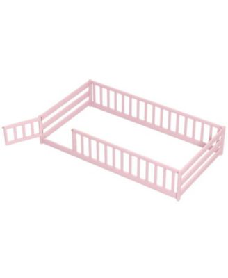 Twin Size Kids Wood Montessori Floor Bed with Door and Fence - 42