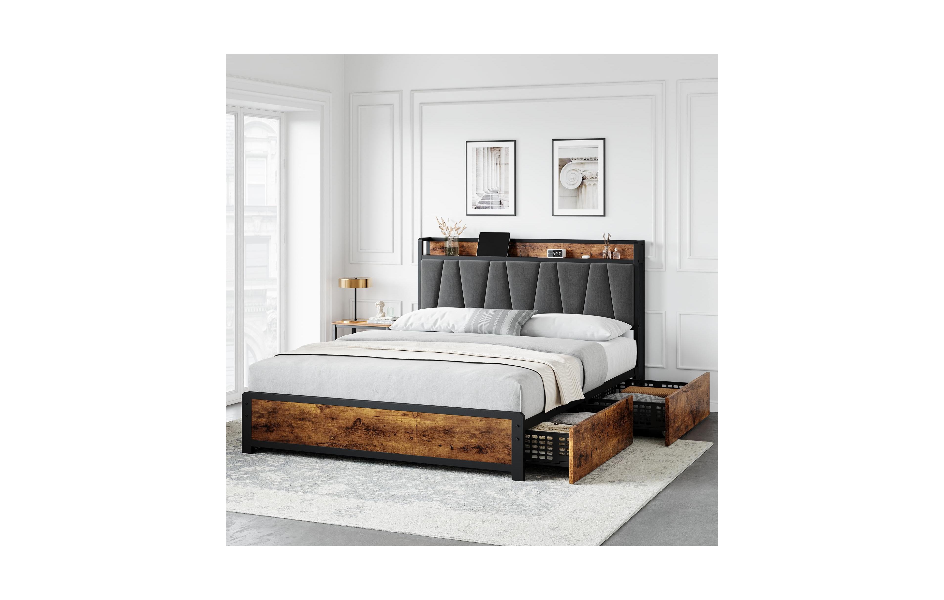 gaomon Full Bed Frame with Storage Linen Upholstered Headboard