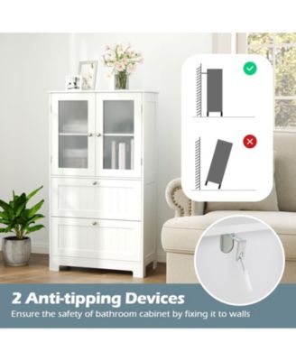 Freestanding Bathroom Storage Cabinet with 2 Drawers and 2 Frosted Glass Doors