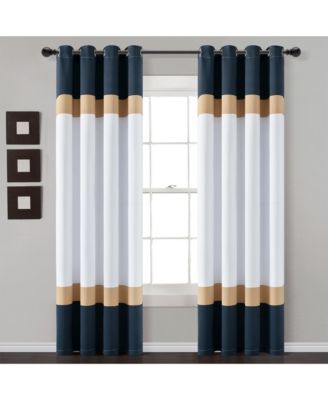 Alexander Color Block Light Filtering Window Curtain Panels Pair 52"W x 84"L Navy & Gold - Modern Curtains for Living Room or Bedroom