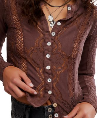 Women's Button-Front Long Sleeve Lace Top
