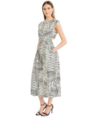 Women's Printed Boat Neck Sleeveless Midi Dress