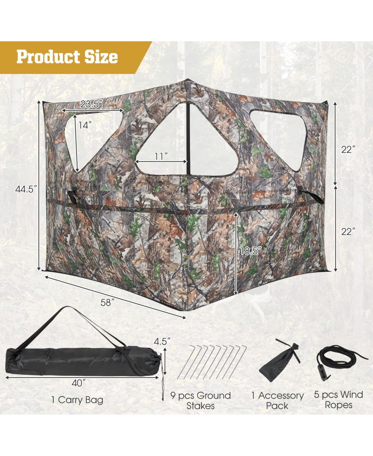 Mecale Pop-Up 2-Panel Ground Blind Fence with 3 Shoot-Through Ports, Hunting Screen