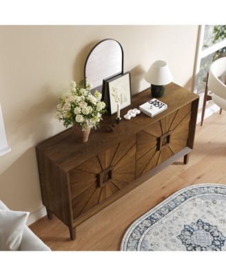 60" Rustic Farmhouse Wood Credenza with Symmetrical Sunburst Doors