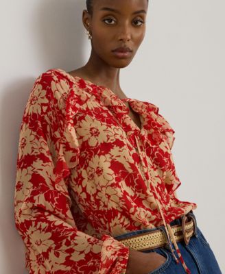 Women's Floral Ruffle Trim Split Neck Top