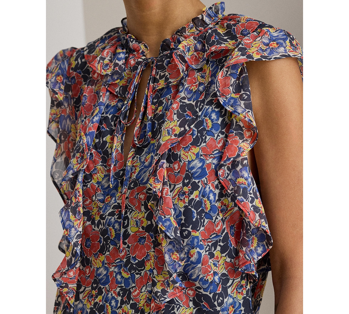 Lauren Ralph Women's Floral Ruffle Trim Split Neck Dress