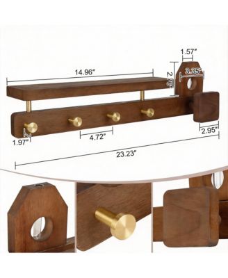 Solid Wood Coat Rack with 4 Copper Hooks, Shelf & Flower Holder