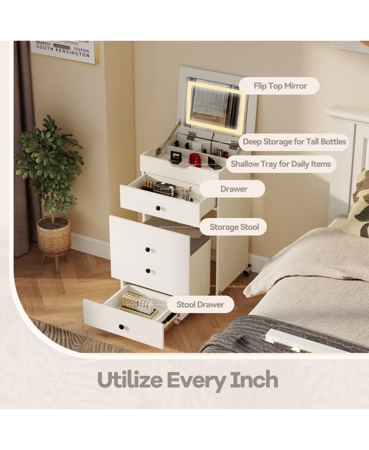 Volenca 3-in-1 Small Vanity Set with Flip-Top Lighted Mirror, Drawers, and Stool