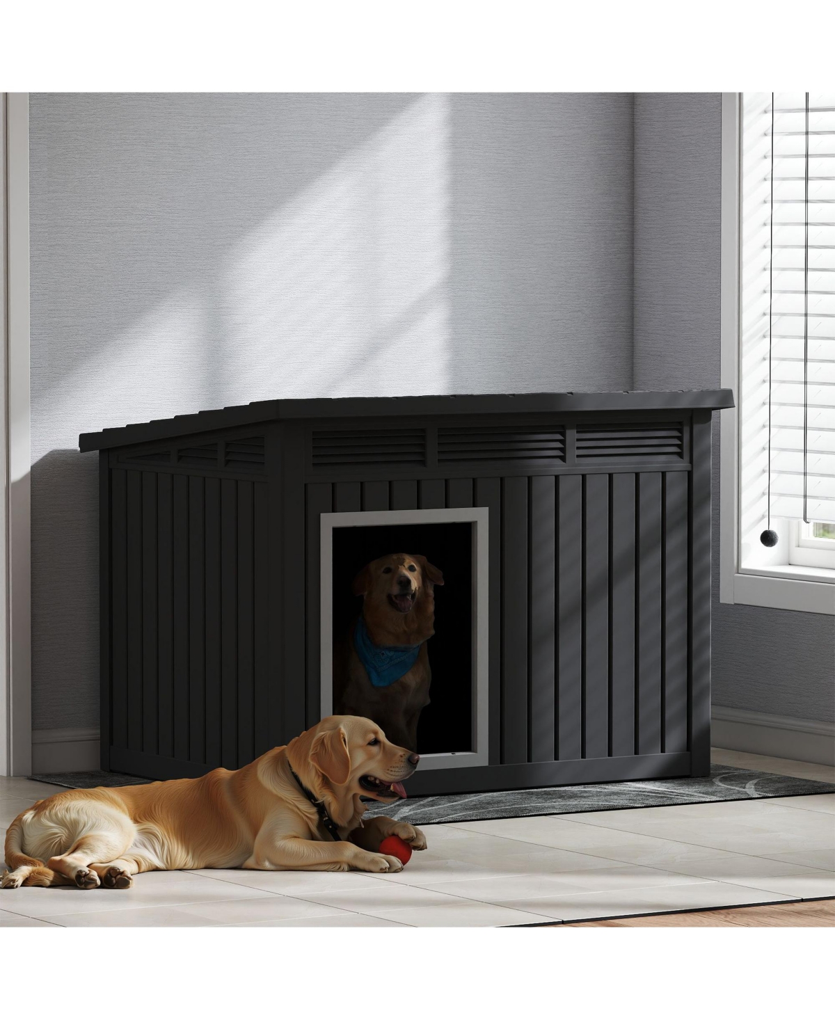 Decksplore 204 inclined top air pole kennel gray and black Durable Outdoor Kennel with Angled Roof for Optimal Drainage and Ventilation