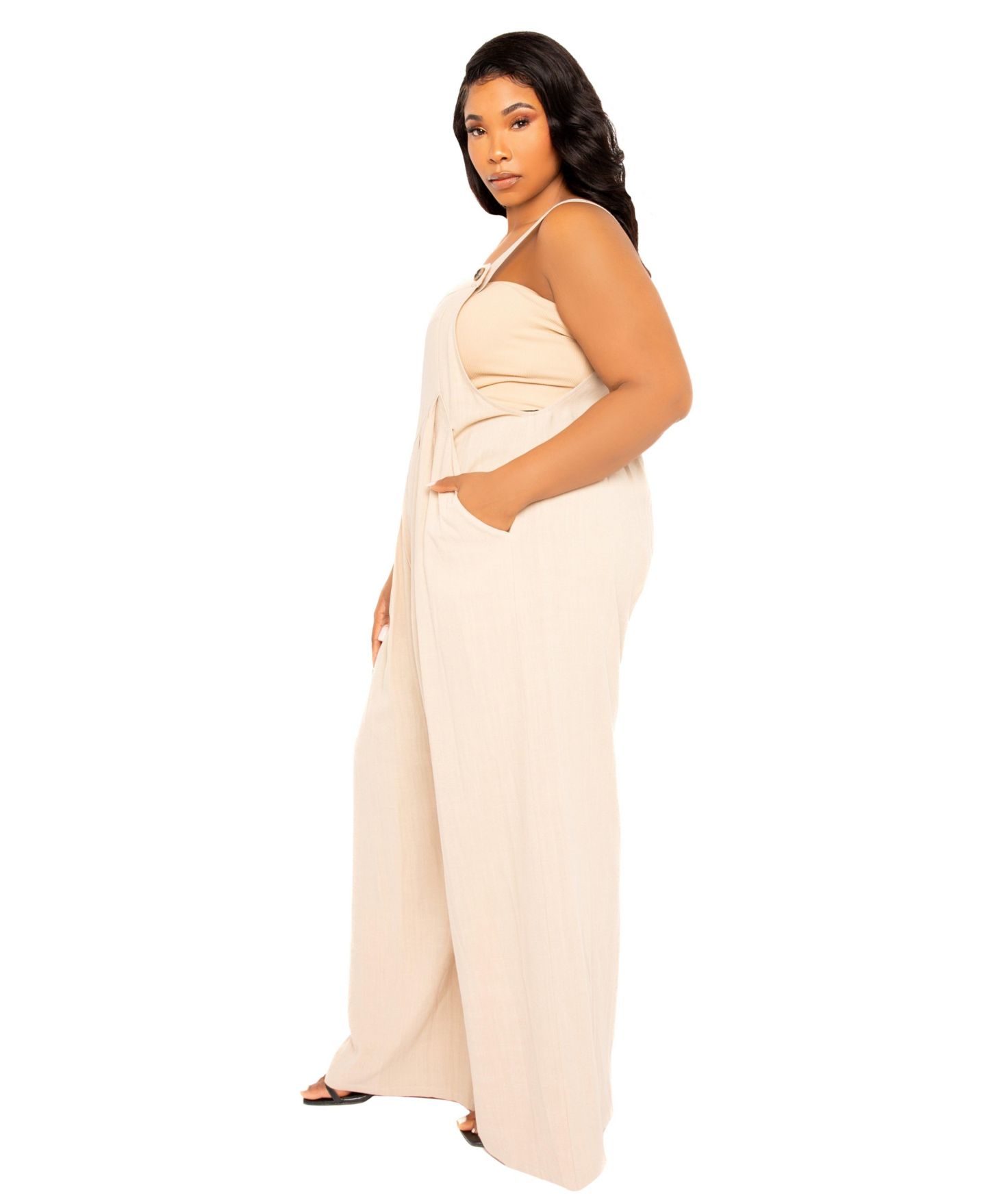 Женский комбинезон Buxom Couture Plus Size Wide Leg Linen Jumpsuit, цвет: Бежевый — фото 3