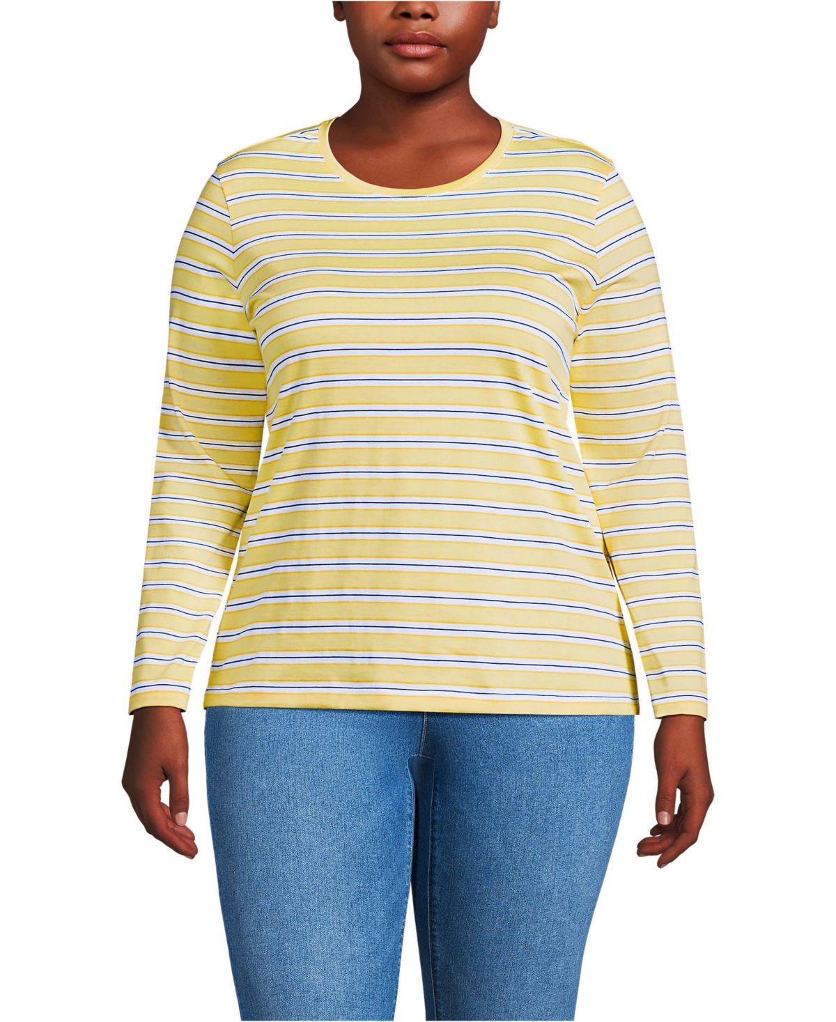 Lands' End Plus Size Relaxed Supima Cotton Long Sleeve Crew Neck T-Shirt - Pale sunbeam multi stripe