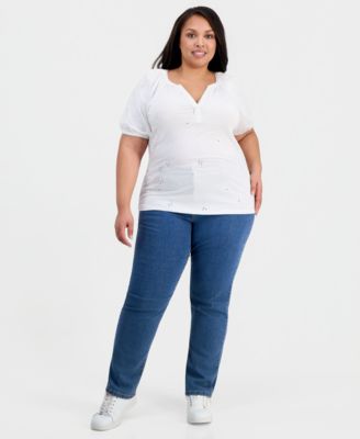 Plus Size Short-Sleeve Eyelet Top
