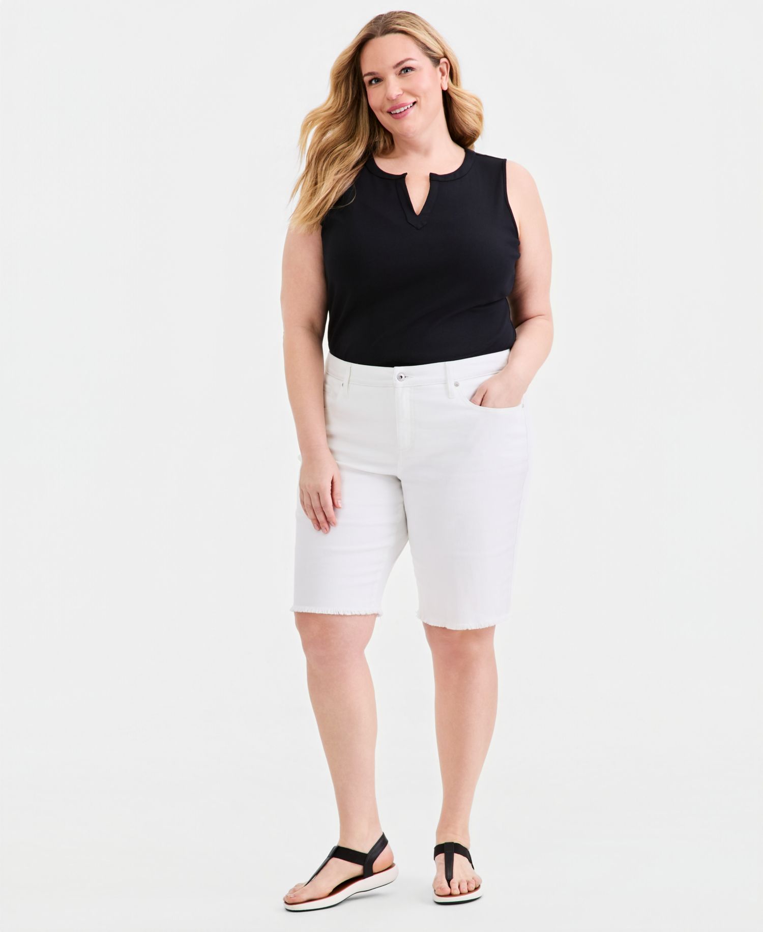 Plus Size Mid-Rise Raw-Edge Bermuda Jean Shorts