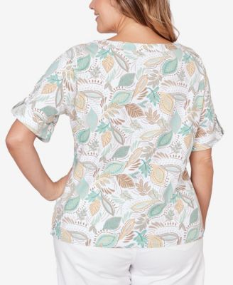 Plus Size Printed Elbow Sleeve Banded V-Notch Top