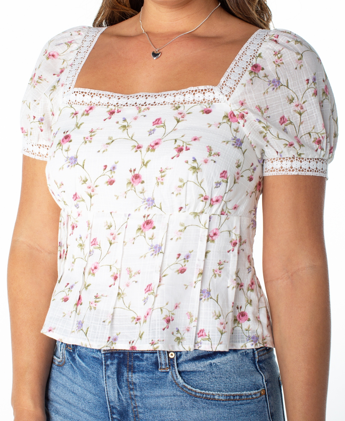 Celebrity Pink Juniors' Lace-Trim Pleated Babydoll Top