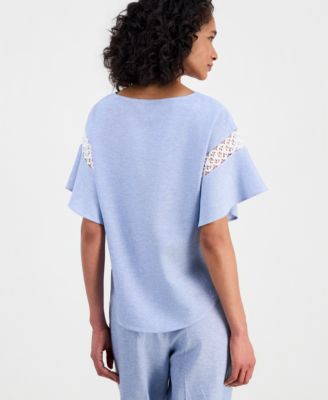 Women's Linen-Blend Flutter-Sleeve Lace-Trim Top