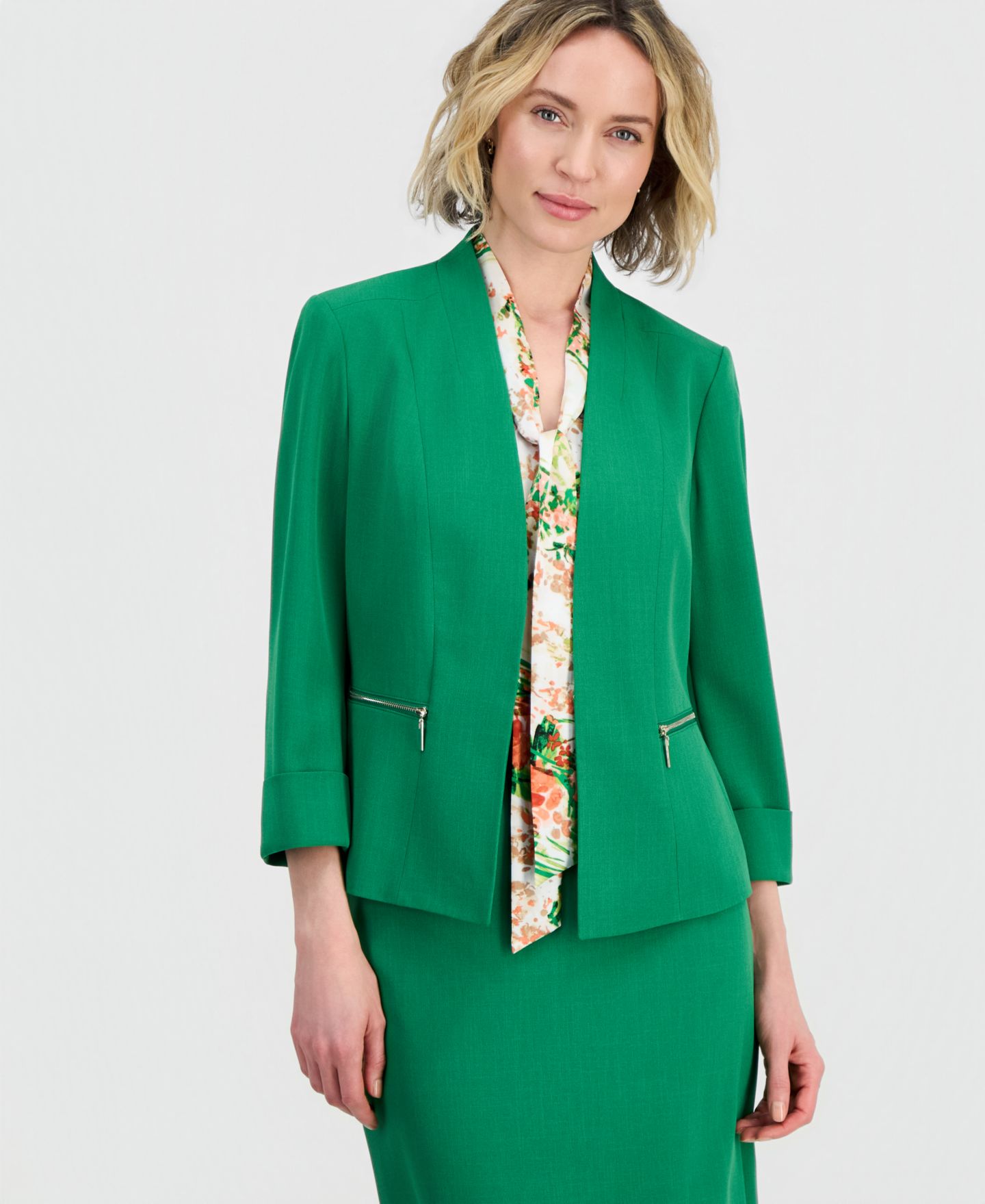 Женский пиджак Kasper Petite Zip-Pocket 3/4-Sleeve Blazer, цвет: Зелёный — фото 1