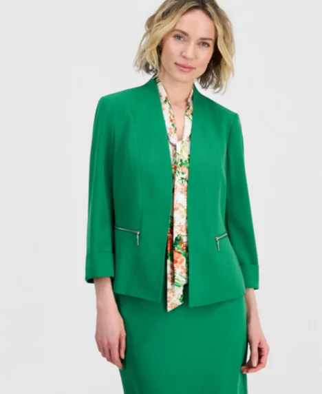 Petite Zip-Pocket 3/4-Sleeve Blazer - Lush Green