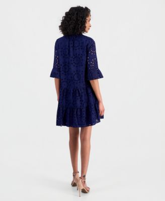 Women's Eyelet Embroidered Cotton Flare-Sleeve Shirtdress