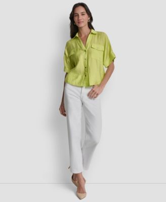 Women's Collared Neck Short Roll Tab Sleeve Shirt