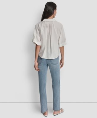 Women's Collared Neck Short Roll Tab Sleeve Shirt